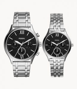 Fossil His and Her Fenmore Midsize Multifunction Stainless Steel Watch Gift Set LD- Lav036