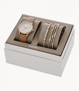 Fossil Modern Sophisticate Multifunction Tan Leather Watch And Jewelry Gift Set LD- Lav049