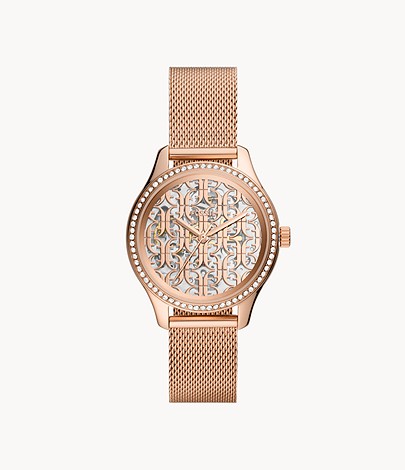 Fossil Rye Automatic Rose Gold-Tone Stainless Steel Mesh Watch LD- Lav057